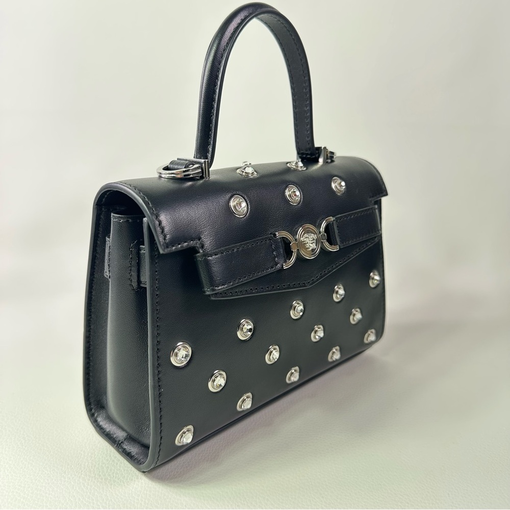 NEW! Versace Crystal Medusa 95 Studded Top Handle Shoulder Bag Black Lamb - Picture 2 of 11